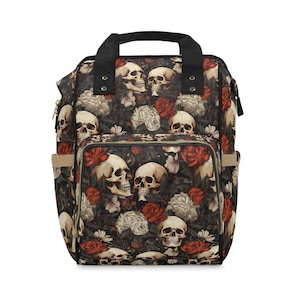 Edgy Skull & Roses Diaper Backpack, Multifunctional Gothic Baby Bag, Witchy Diaper Bag, Witchy Mama Baby Shower Gift,  Whimsigoth Diaper Bag