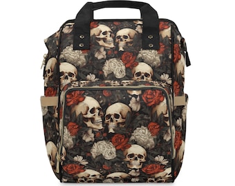 Skull & Roses Diaper Backpack, Edgy Gothic Travel Bag