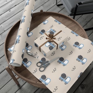 Eco-vriendelijke kinderbouw inpakpapier Blauwe vrachtwagen, vrachtwagen cadeaupapier, feestvarken cadeaupapier, inpakpapier met bouwthema