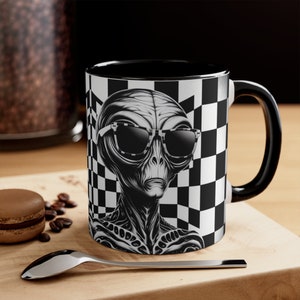 Alien Coffee Mug, 11oz Retro Alien Mug, UFO Mug, Space Mug, Checkered Decor Coffee Mug, Space Lovers Gift, Outer Space Gift