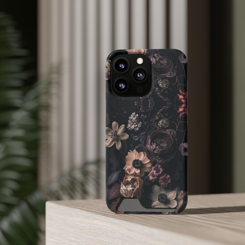 Dark Floral iPhone Case with Card Holder, Impact-Resistant Polycarbonate image 2