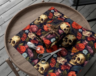 Papel de regalo con calavera botánica, papel de regalo gótico