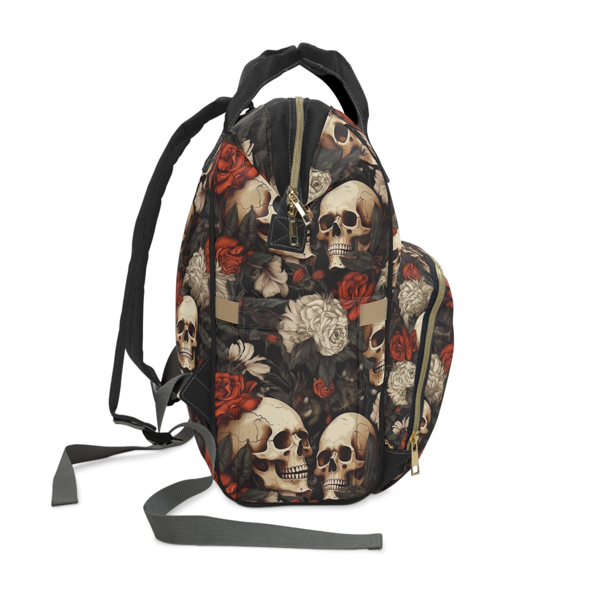 Edgy Skull & Roses Diaper Backpack, Multifunctional Gothic Baby Bag ...