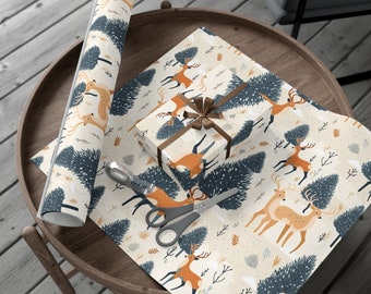 Eco-Friendly Christmas Reindeer Wrapping Paper, Illustrated Christmas Paper, Wrapping Paper Rolls