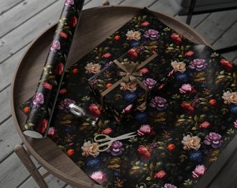 Dark Academia Floral Wrapping Paper, Cottagecore Gift Wrap