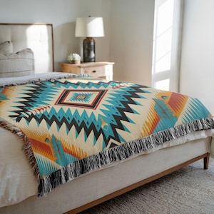 Jeté aztèque, franges bohème en coton tissé, cadeau de pendaison de crémaillère