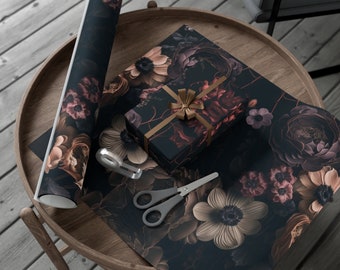 Dark Floral Wrapping Paper, Gothic Botanical Gift Wrap