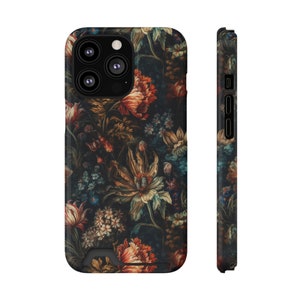 Dark Moody bloementelefoonhoesje met kaarthouder, Samsung Dark Academia slagvast telefoonhoesje, mooie iPhone 13 bloementelefoonhoesje