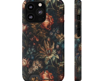 Dark Moody Floral Phone Case with Card Holder, Impact-Resistant Polycarbonate