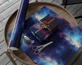 Papel de regalo de galaxia azul, papel de regalo científico, diseño cósmico