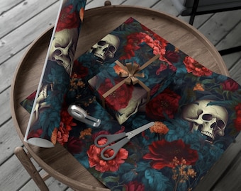 Gothic Skull Floral Wrapping Paper, Dark Botanical Gift Wrap
