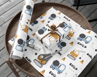 Eco- Friendly Kids Construction Wrapping Paper, Kids Kraft Paper, Birthday Boy Excavator Themed Gift Wrap, Construction Party