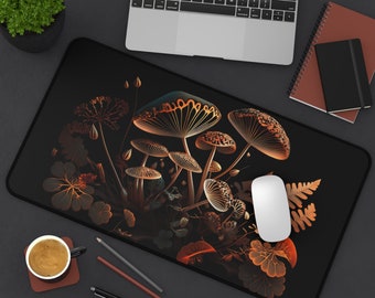 Cottagecore Mushroom Desk Mat, Black Floral Mousepad, Nature Office Decor
