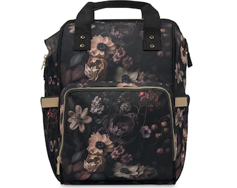 Dark Academia Floral Diaper Backpack, Multifunctional Chic Diaper Bag, Dark Cottagecore Baby Bag, Witchy Mama Diaper Bag