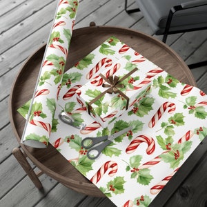 Eco-Friendly Christmas Candy Cane Wrapping Paper, Illustrated Christmas Gift Wrap, Holly and Peppermint Wrapping