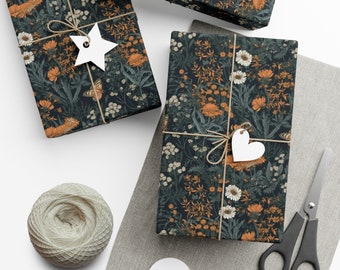 Cottagecore Wrapping Paper, Monarch Butterfly & Dark Floral Gift Wrap