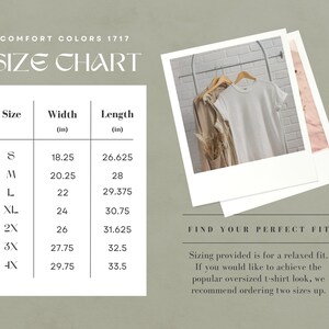 Op de afbeelding: Maattabel voor T-shirts met afmetingen in inches. De tabel toont de breedte en lengte van elke maat van S tot 4X. De tekst "Find your perfect fit" is ook opgenomen met informatie over de maatvoering voor een ontspannen pasvorm en hoe je twee maten groter kunt bestellen voor een oversized look.