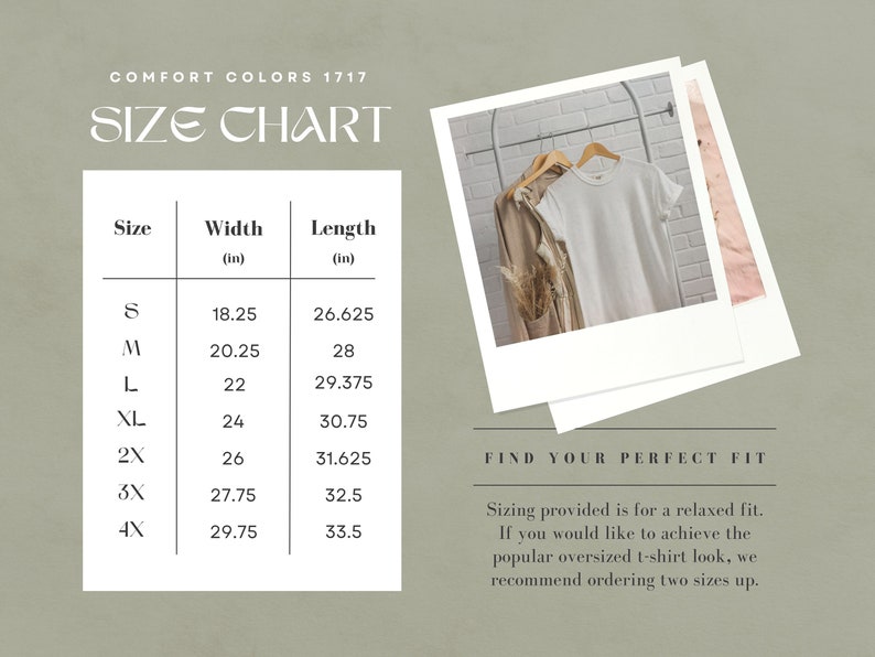 Op de afbeelding: Maattabel voor T-shirts met afmetingen in inches. De tabel toont de breedte en lengte van elke maat van S tot 4X. De tekst "Find your perfect fit" is ook opgenomen met informatie over de maatvoering voor een ontspannen pasvorm en hoe je twee maten groter kunt bestellen voor een oversized look.