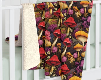 Mushroomcore Sherpa Fleece Blanket, Woodland Cottagecore Throw