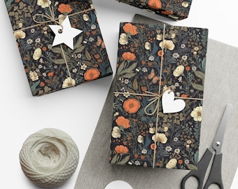 Eco-Friendly Cottagecore Wrapping Paper, Dark Floral Botanical Gift Wrap