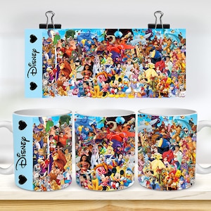 May include: White ceramic mug with a colorful image of various Disney characters, including Mickey Mouse, Minnie Mouse, Donald Duck, Goofy, and many more. The mug has a black handle and the text "Disney" with a heart on each side.