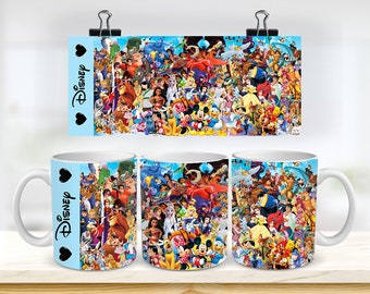 May include: White ceramic mug with a colorful image of various Disney characters, including Mickey Mouse, Minnie Mouse, Donald Duck, Goofy, and many more. The mug has a black handle and the text "Disney" with a heart on each side.