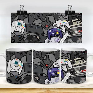 May include: White ceramic mugs featuring a colourful pattern of various video game controllers and consoles. The pattern includes a Sega Genesis, Nintendo 64, Super Nintendo, and Playstation controllers.