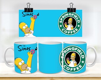 May include: Two white ceramic mugs with a blue background. One mug features a cartoon image of Homer Simpson holding a donut with the text "The Simpsons" above him. The other mug features a green circle with the text "Springfield Coffee" and a cartoon image of Homer Simpson holding a donut inside the circle.