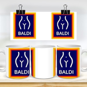 May include: Three white mugs with a design of a stylized figure with the text "BALDI" in a blue, yellow, and red frame. The mugs are on a wooden surface.