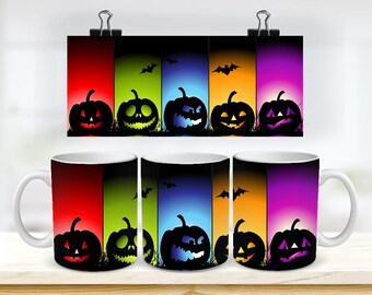 May include: Set of three white ceramic mugs with a Halloween theme. Each mug features a different coloured background with a silhouette of a jack-o'-lantern. The mugs are perfect for hot drinks and add a festive touch to any Halloween celebration.