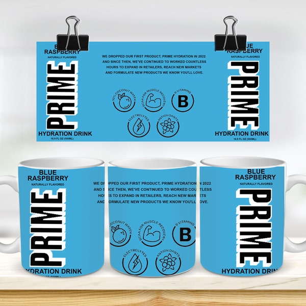 11 & 15 Oz Prime Blue Raspberry Hydration Drink Sublimation Mug Template - Cricut Mug Press Sublimation Wrap - Mug Design JPG- 300 DPI
