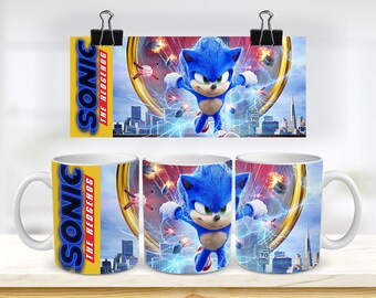 May include: Three white ceramic mugs with a blue and yellow design featuring Sonic the Hedgehog from the movie "Sonic the Hedgehog". The mugs have a handle on the right side and feature the movie title and character on the front.