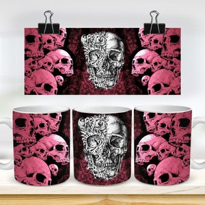 11 & 15 Oz Pink Skulls Mug  Sublimation Mug Template - Cricut Mug Press Sublimation Wrap - Mug Design  - 300 DPI