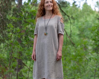 Classic Linen Dress Size L 42, Flared Pure Linen Dress with Pockets, Heavy Linen Gown with Mother of Pearl Buttons. Syverkstad