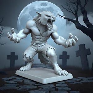 Puede incluir: Figura de hombre lobo blanco con la boca abierta y garras, de pie sobre una base rectangular. El fondo presenta una luna llena, árboles desnudos y lápidas, creando una escena espeluznante.
