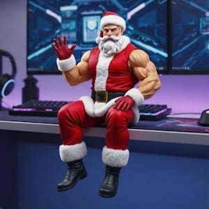 May include: A figurine of Santa Claus, muscular and wearing a red and white suit, black boots, and a Santa hat, waving. A keyboard, mouse, and headphones are on the desk behind him, suggesting a gaming setup. The figure is sitting on the desk.