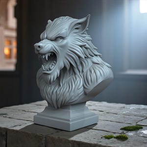 Puede incluir: Busto de lobo gris con la boca abierta, mostrando los dientes. La escultura tiene detalles de pelaje y está montada sobre un pedestal cuadrado. El busto está sobre una superficie de piedra con musgo.