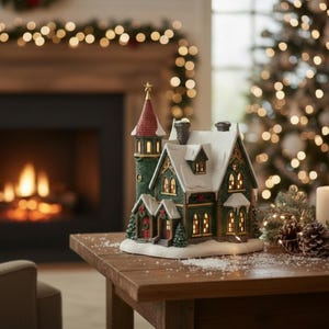 May include: A detailed Christmas village house with a red-topped tower and green facade. The house has lit windows and is decorated with snow and festive accents. It sits on a wooden table with candles and pinecones.