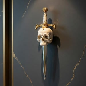 May include: A decorative wall hanging featuring a sword with a skull-shaped hilt. The sword has a silver blade and a gold-colored crossguard and handle details. The skull is white, and the wall is dark blue with gold veining.