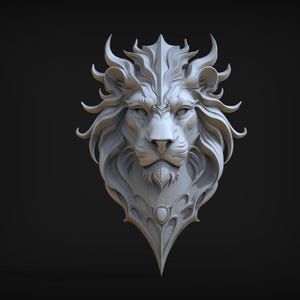 Puede incluir: Escultura de cabeza de le&oacute;n gris con intrincada melena y rasgos faciales. La escultura tiene una apariencia regia, con un dise&ntilde;o estilizado y una base decorativa. La mirada del le&oacute;n est&aacute; dirigida hacia delante, sobre un fondo oscuro.