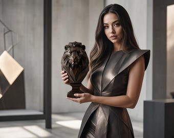 May include: A dark brown, geometric lion head sculpture with a faceted, angular design, held by a person wearing a sleeveless, structured dark metallic dress with sharp shoulder details and a clean, minimalist silhouette in a neutral interior.