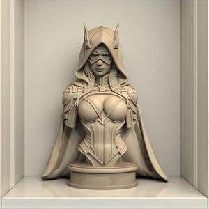May include: A beige-colored bust sculpture of a female figure with a hooded cowl, eye mask, and armor-like shoulder pads. The sculpture is displayed on a round base and set inside a white shelf.