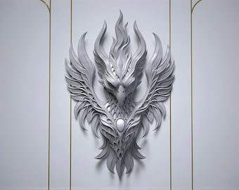 May include: A detailed, gray phoenix wall sculpture with outstretched wings and a central oval design. The sculpture features intricate feather detailing and a flame-like crest, mounted on a white wall with gold trim.
