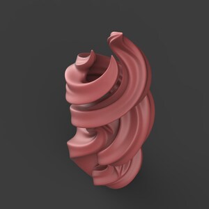 May include: A 3D-rendered sculpture in a muted red hue, featuring a spiraling, ribbon-like form. The design has a smooth, flowing texture, with soft shadows that add depth. The artwork is set against a dark gray background.