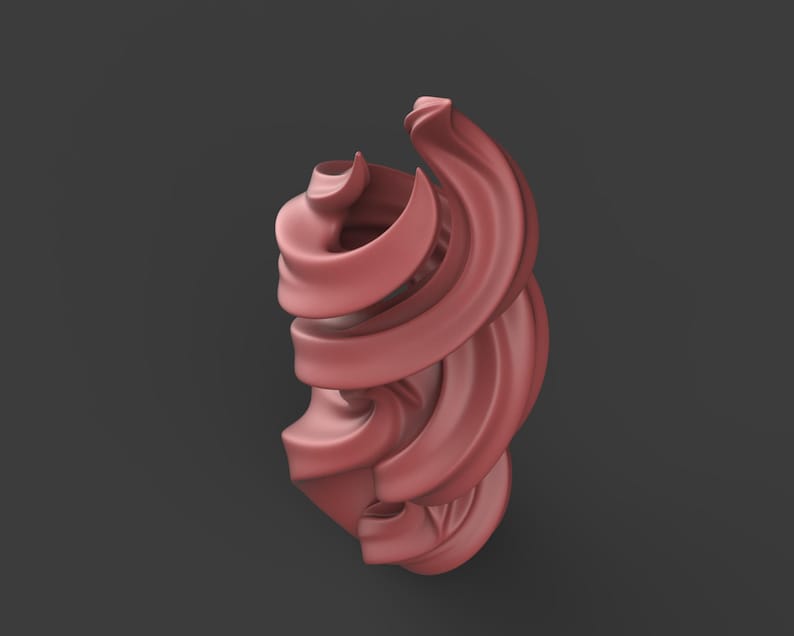 May include: A 3D-rendered sculpture in a muted red hue, featuring a spiraling, ribbon-like form. The design has a smooth, flowing texture, with soft shadows that add depth. The artwork is set against a dark gray background.
