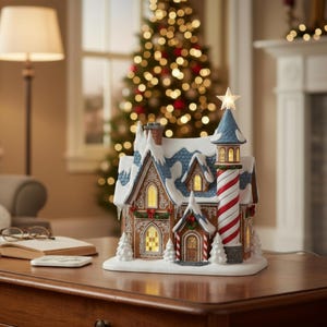 May include: A decorative Christmas village house with a blue and white roof, a red and white striped tower, and a star on top. The house has lit windows and is surrounded by small, white trees. The house is on a wooden table.