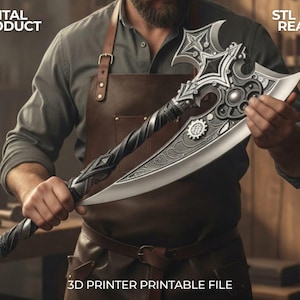 May include: An intricately designed fantasy axe with a silver blade and detailed handle. The axe has decorative gears and starburst patterns. The image includes the text "DIGITAL PRODUCT", "STL FILE READY", and "3D PRINTER PRINTABLE FILE".