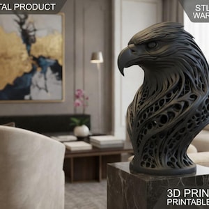 May include: A dark gray eagle head sculpture with intricate openwork details, displayed on a marble-like pedestal. The sculpture is a 3D printer printable file. The image also includes text that says "DIGITAL PRODUCT" and "STL FILE WARNING".