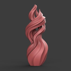 May include: A coral-colored, abstract sculpture with a flowing, twisted design. The form appears to be made of soft, curving lines that intertwine and rise upwards. The sculpture has a smooth, matte finish and stands on a solid base.