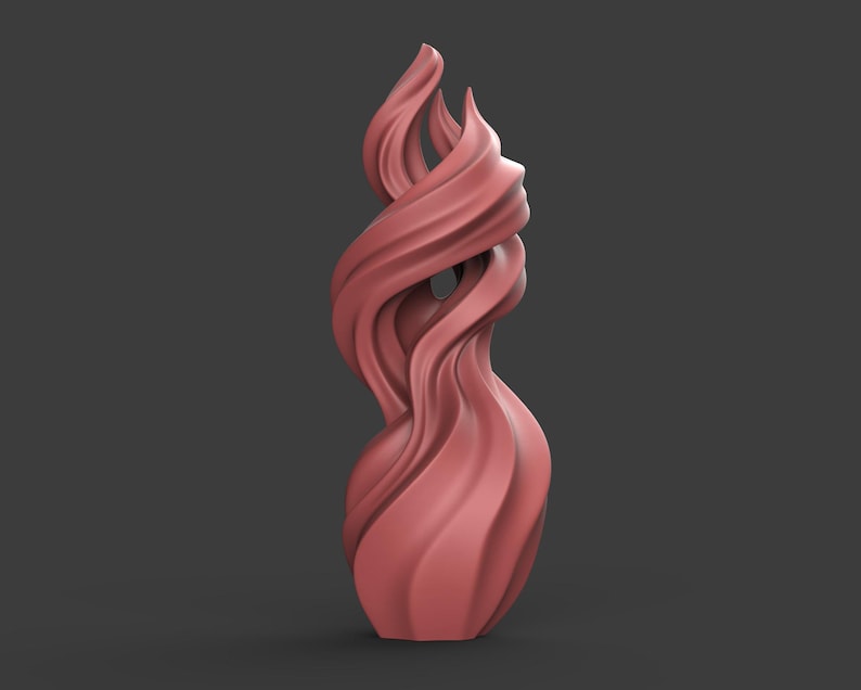 May include: A coral-colored, abstract sculpture with a flowing, twisted design. The form appears to be made of soft, curving lines that intertwine and rise upwards. The sculpture has a smooth, matte finish and stands on a solid base.